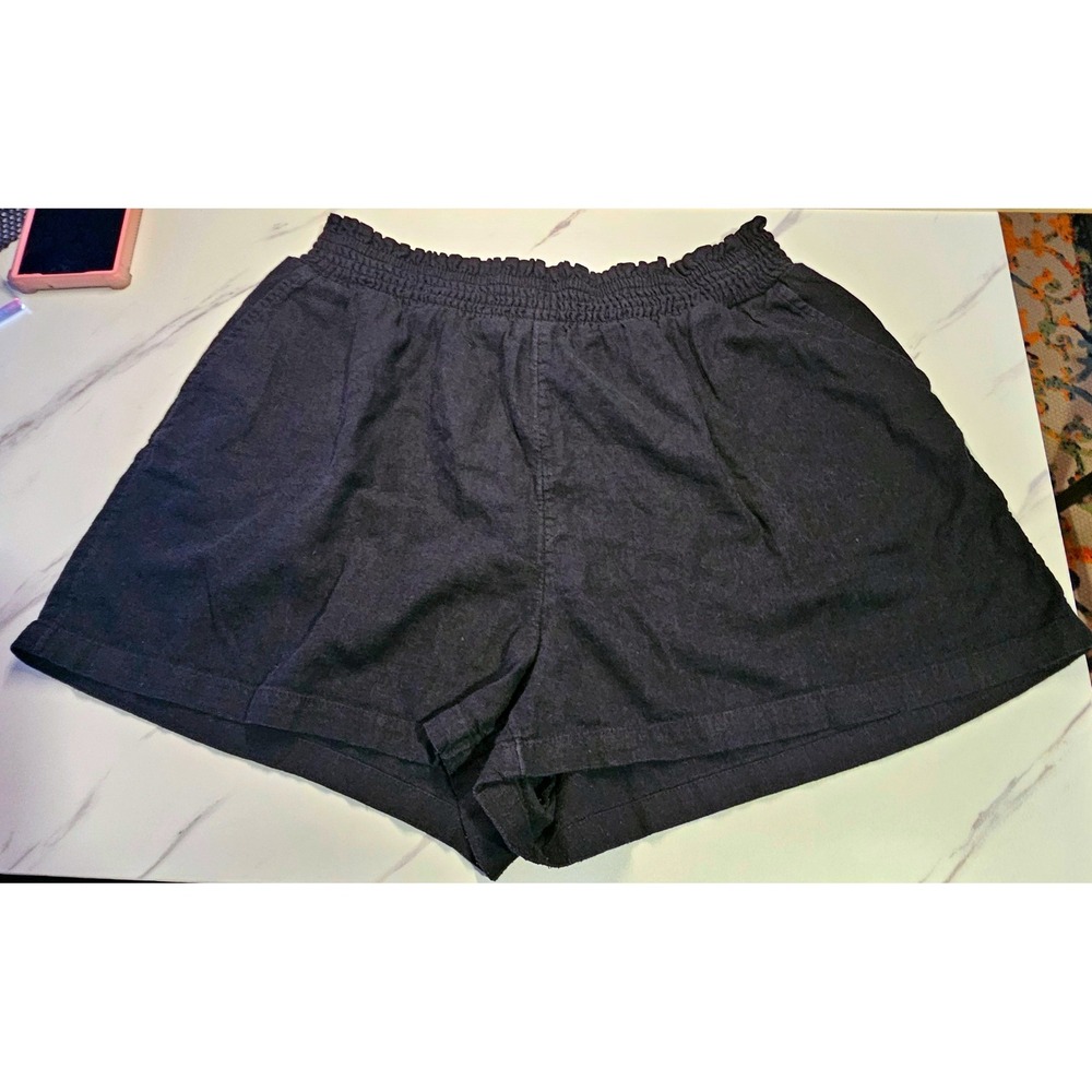 Universal Thread Black Linen Blend Shorts L Shirred Elastic Waist Casual #630